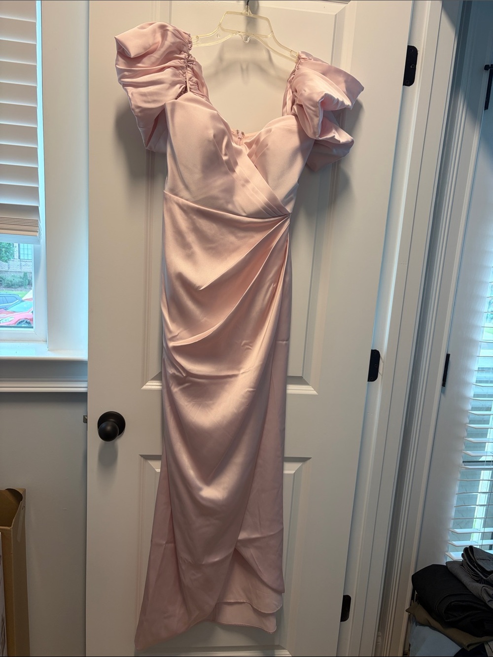 Express Blush Pink Satin Dress with Puff Sleeves